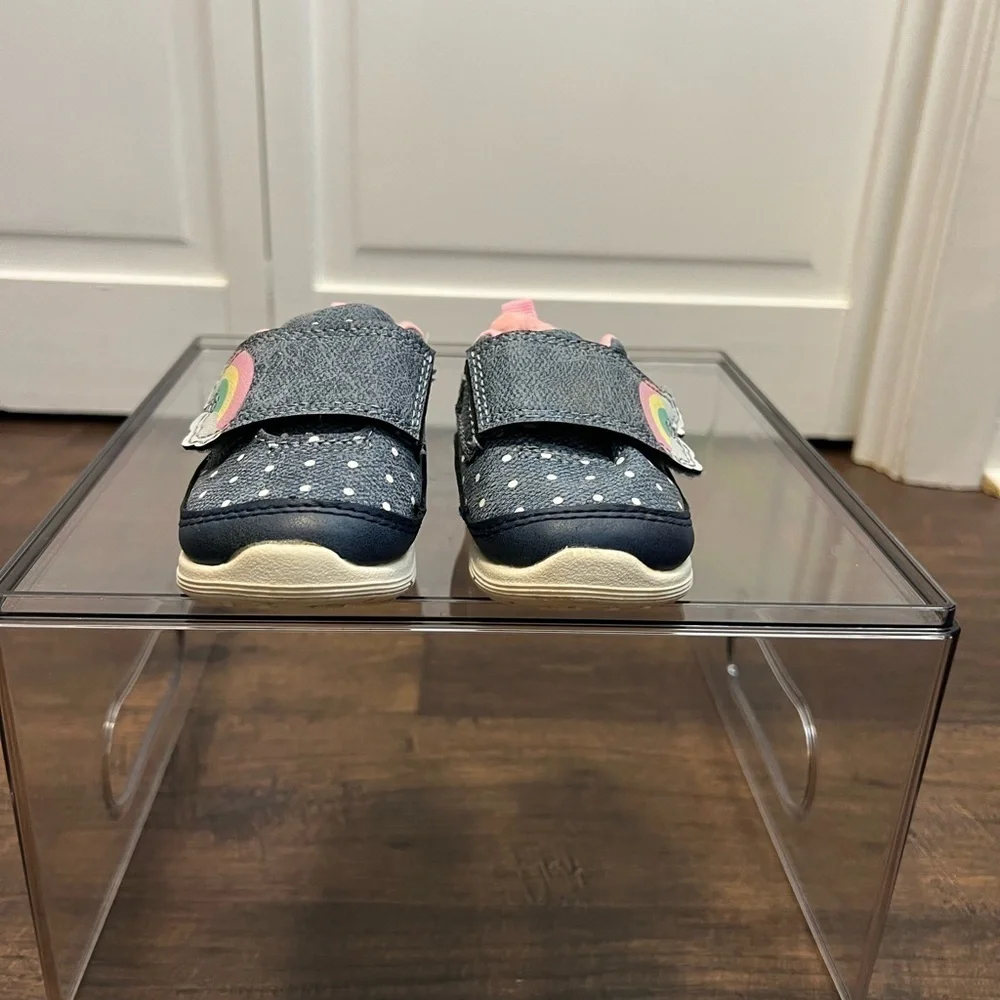 Carter Size 2 Baby Girls Blue Polka Dot Rainbow Sneakers